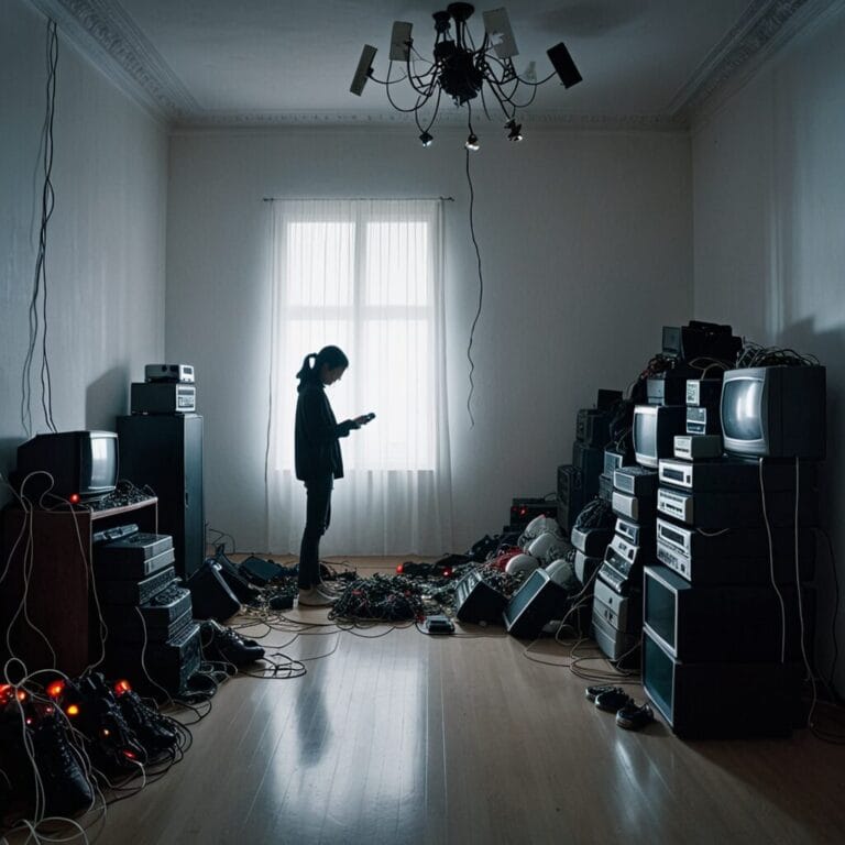 Person standing in a cluttered room filled with old electronics and tangled wires, symbolizing unused items and non-essentials