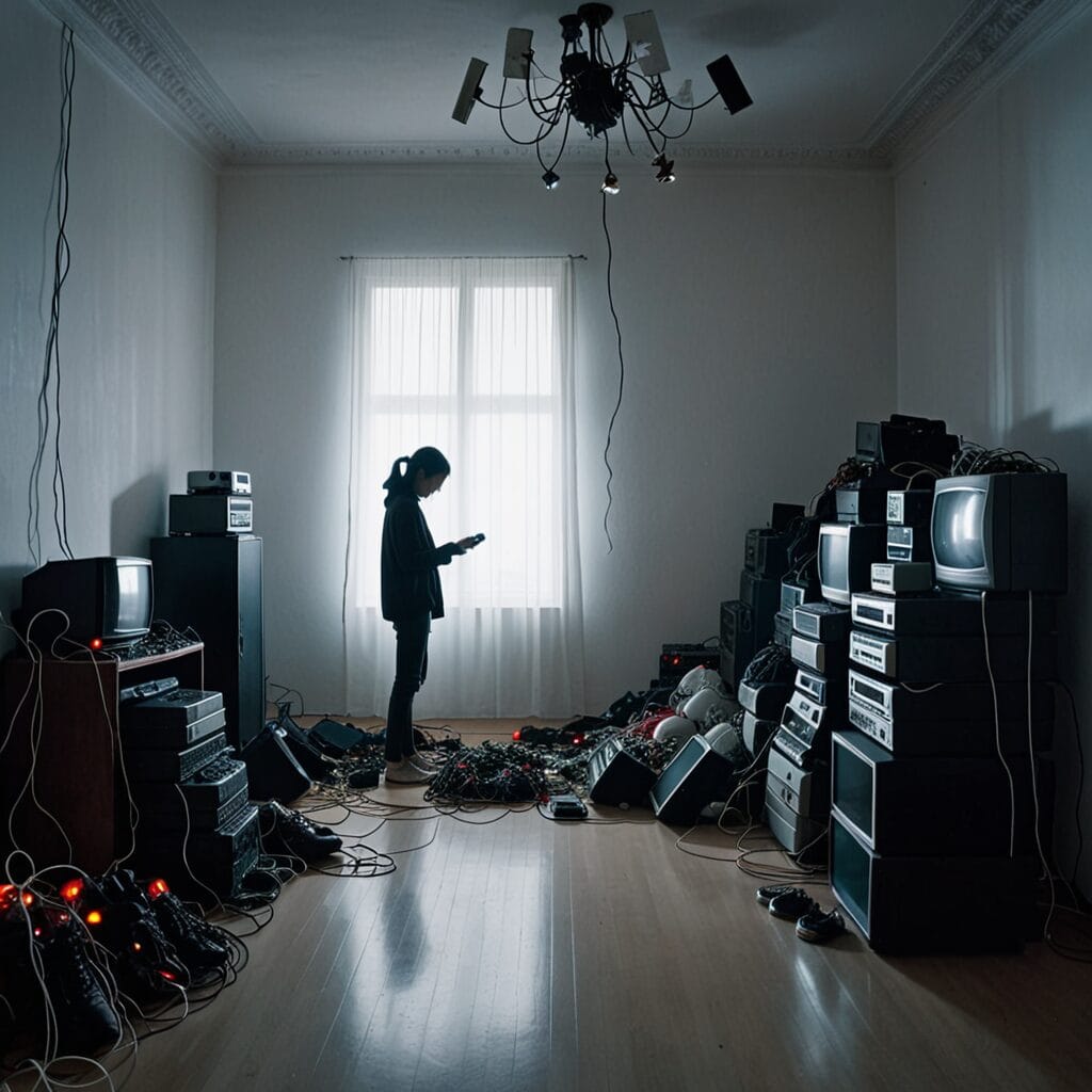 Person standing in a cluttered room filled with old electronics and tangled wires, symbolizing unused items and non-essentials