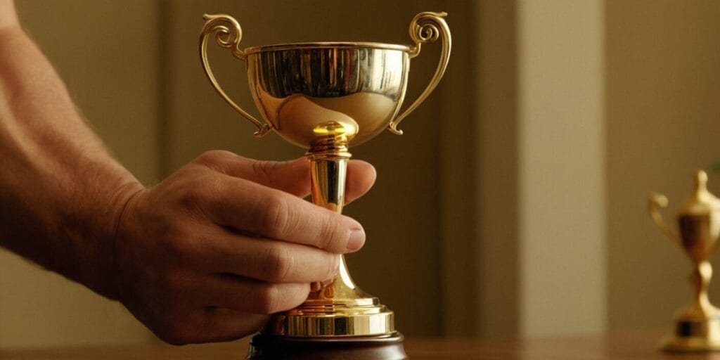 Close-up of a hand holding a golden trophy, representing award-winning movers in Toronto specializing in packing services