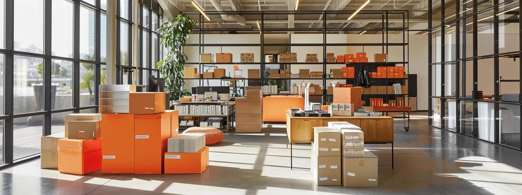 a meticulously organized office space showcases neatly packed boxes with color-coded labels, surrounded by modern furniture, emphasizing a streamlined approach to moving and effective packing strategies.