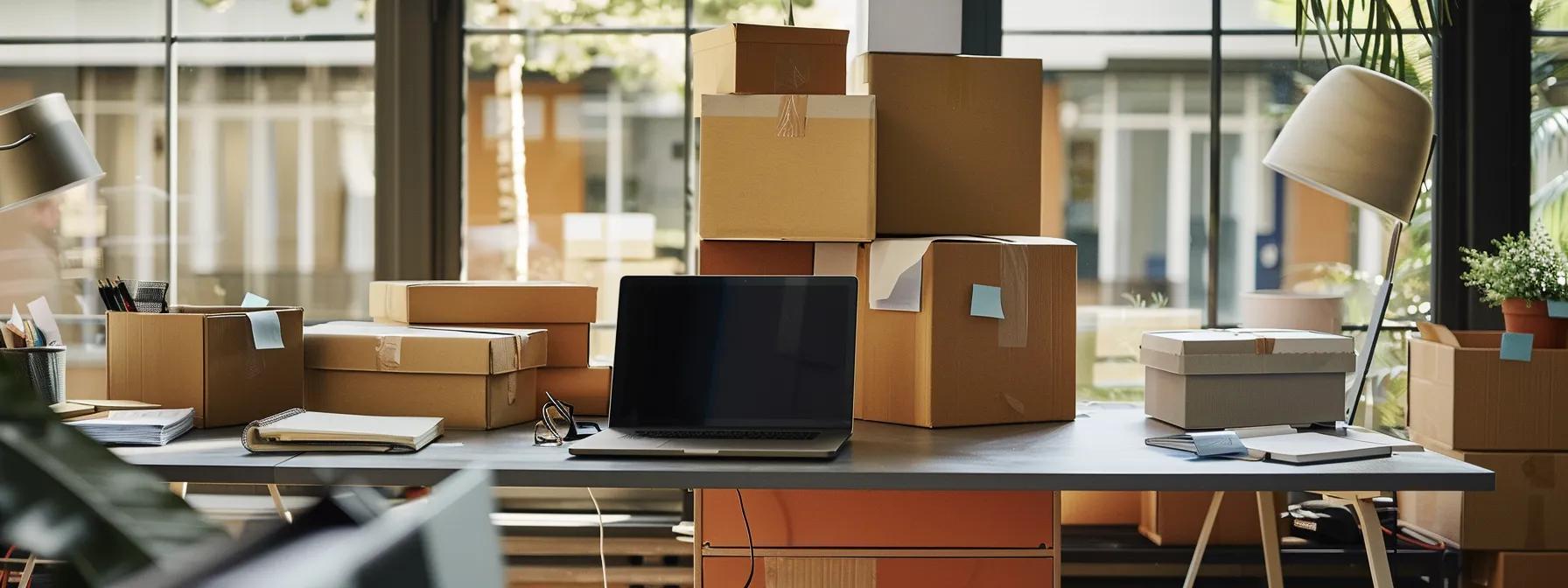 a modern, organized office space is filled with neatly stacked moving boxes and a laptop open on a stylish desk, symbolizing the completion of relocation tasks and the transition into a new beginning.