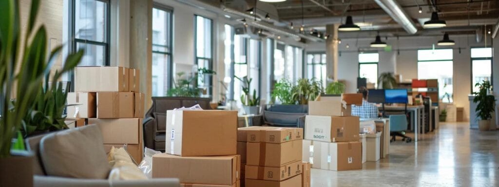 a vibrant office space in richmond hill displays a cheerful team of professional movers engaging in a dynamic consultation with clients, showcasing boxes and moving supplies neatly organized, emphasizing trust and reliability in relocation services.