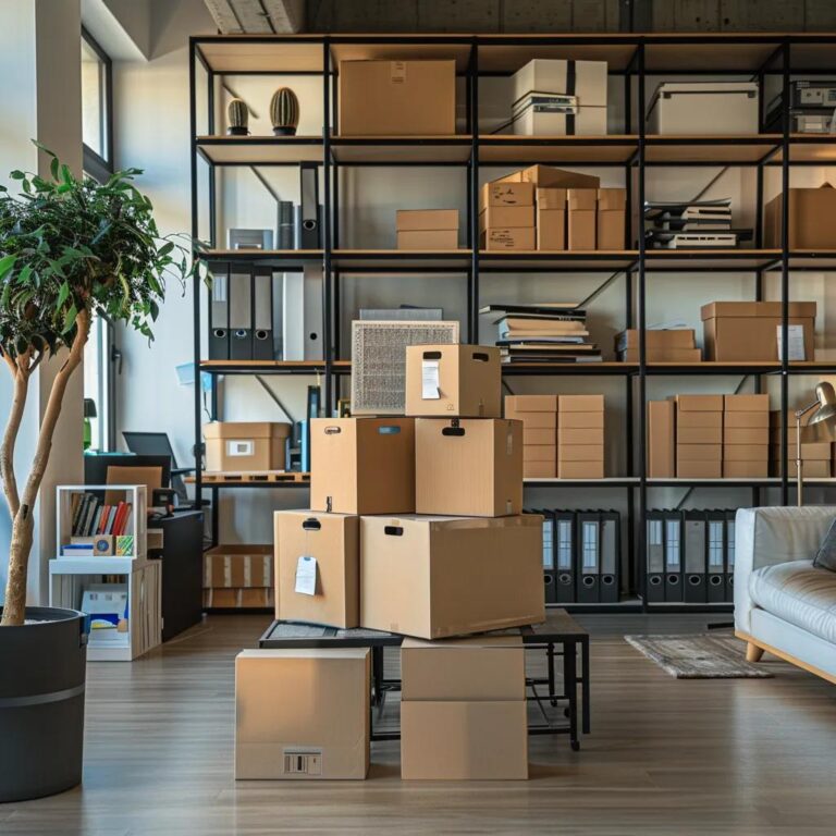 a modern, organized moving office space showcases sleek, temporary storage solutions with labeled boxes and efficient shelving, emphasizing practical arrangements for family relocations.