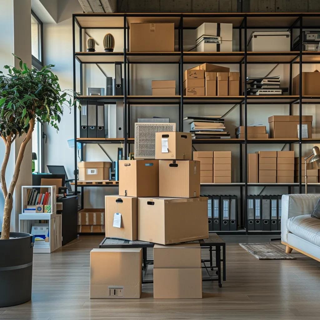 a modern, organized moving office space showcases sleek, temporary storage solutions with labeled boxes and efficient shelving, emphasizing practical arrangements for family relocations.