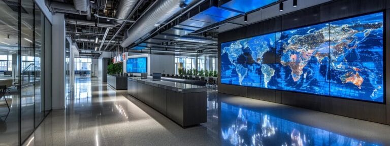 a sleek, modern office environment showcases a large digital map displaying average moving costs between toronto, new york city, boston, and miami, illuminated by sharp, artificial lighting that emphasizes clarity and precision.