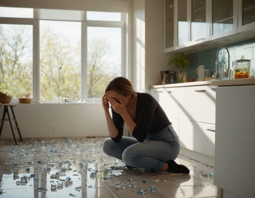 Woman crouching on kitchen floor surrounded by shattered glass, covering her face in distress – a reminder from Toronto movers and packers about safe packing