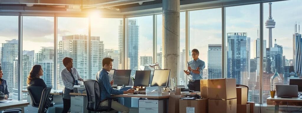 a bustling toronto cityscape features a modern office interior with a professional, diverse team collaboratively discussing and evaluating moving options on sleek digital devices, surrounded by boxes and packing materials.
