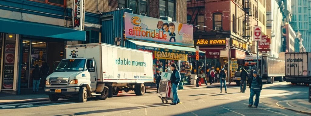 a bustling urban storefront displays a vibrant sign reading "affordable movers" with a lineup of cheerful professionals preparing moving trucks against a backdrop of city buildings, capturing the essence of budget-friendly relocation services.