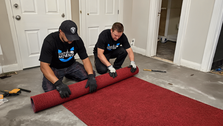Two movers from Toronto Unique Moving roll up a red carpet on a concrete floor during a junk removal and carpet disposal job