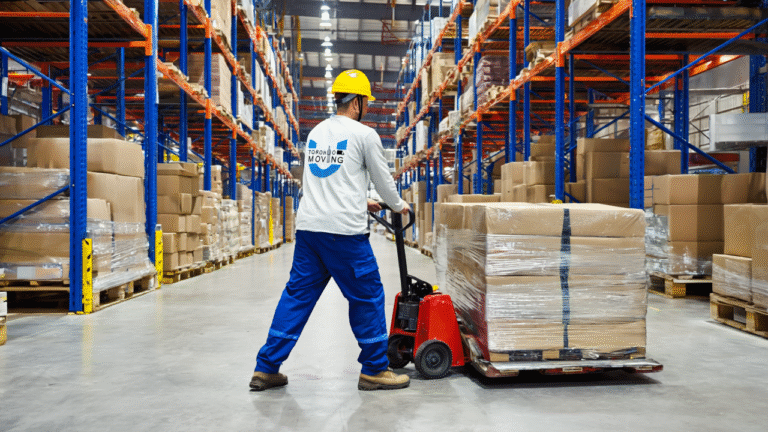 Warehouse worker wearing a yellow hard hat and Toronto Unique Moving uniform operates a pallet jack loaded with wrapped boxes in a large warehouse aisle