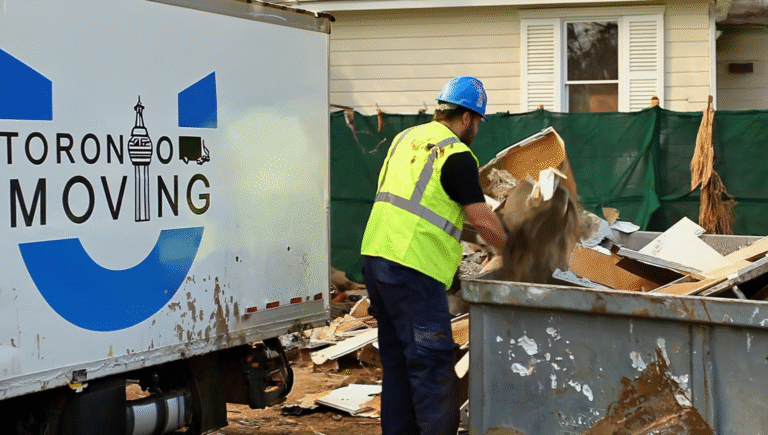 A construction worker in a high-visibility vest and hard hat dumps drywall and debris into a metal bin beside a Toronto Unique Moving truck at a residential renovation site