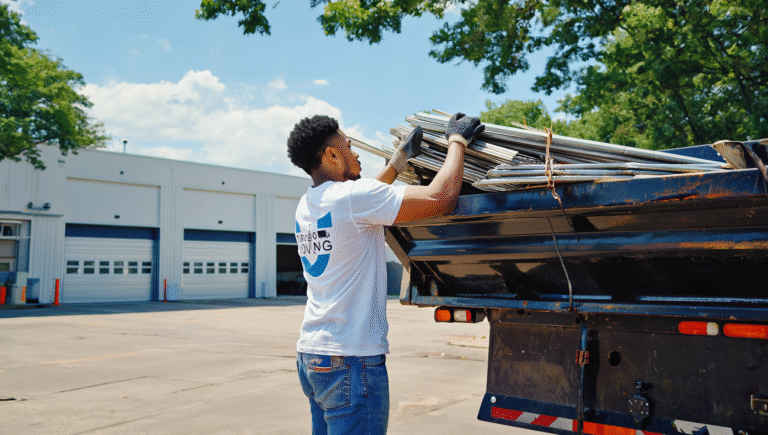 A Toronto Unique Moving worker loads bundled scrap metal onto a black truck outside a commercial building during a construction debris removal job