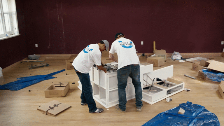 Two movers from Toronto Unique Moving assemble a white cabinet in a mostly empty room surrounded by unpacked furniture parts and boxes