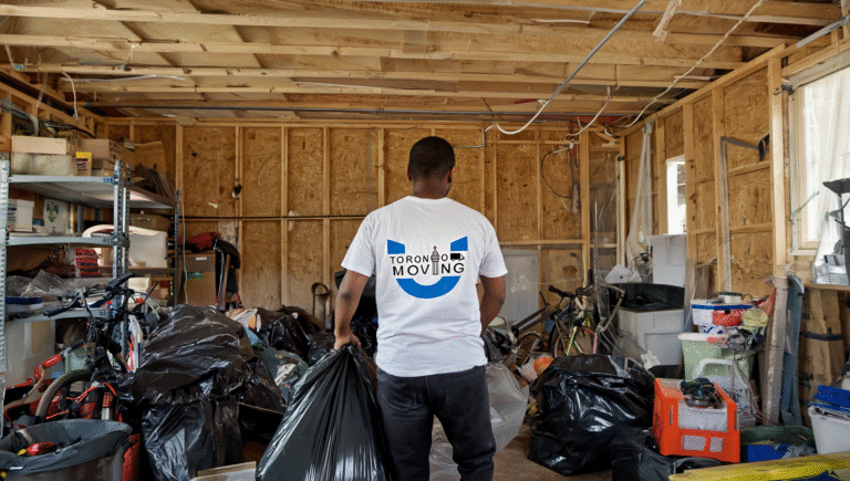 A Toronto Unique Moving worker in a white shirt stands in a cluttered garage holding two large black garbage bags surrounded by junk and storage items
