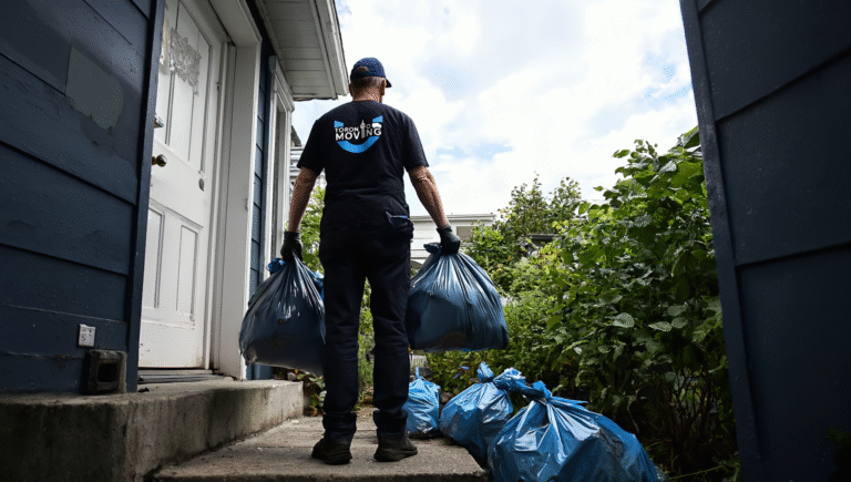 A Toronto Unique Moving team member carries two large blue garbage bags toward the front steps of a residential home for junk removal
