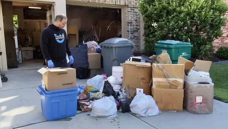A junk removal worker from Toronto Unique Moving stands near piles of garbage bags, boxes, and household junk outside a garage during a cleanout