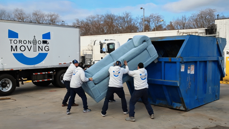 Four movers in white Toronto Unique Moving hoodies lift and dispose of a large blue couch into a commercial dumpster outside a facility