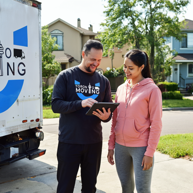 A Toronto Unique Moving staff member smiles while assisting a customer with booking details on a tablet, standing next to a moving truck in a suburban neighborhood