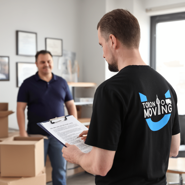 A Toronto Unique Moving team member in a black shirt reviews paperwork with a smiling customer during a move-in consultation