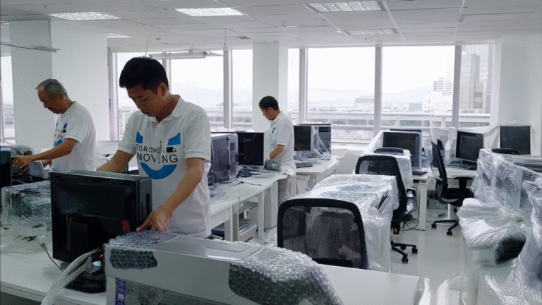 Three professional movers in white Toronto Unique Moving polos wrap and prepare desktop computers and office chairs for relocation in a bright corporate office