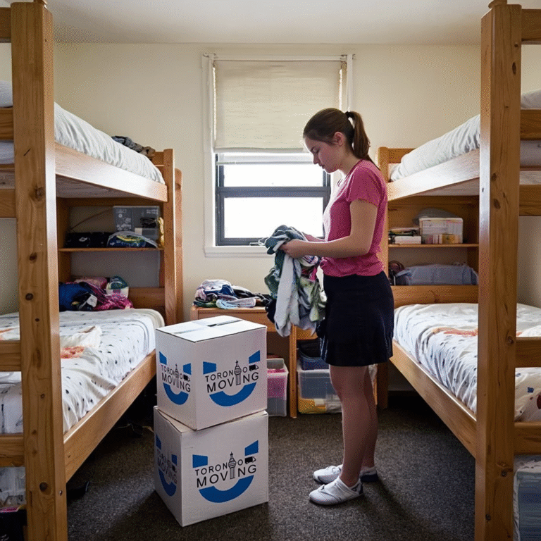 Young woman packing clothes in a student dorm with Toronto Unique Moving boxes