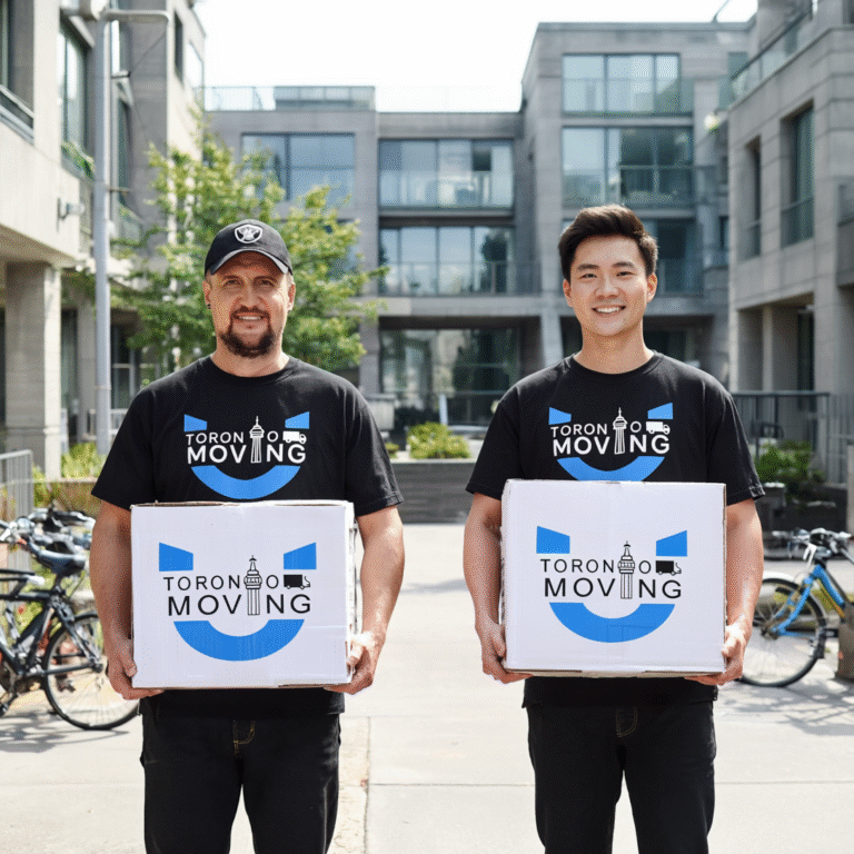 Toronto Unique Moving team standing outside student housing complex holding branded moving boxes