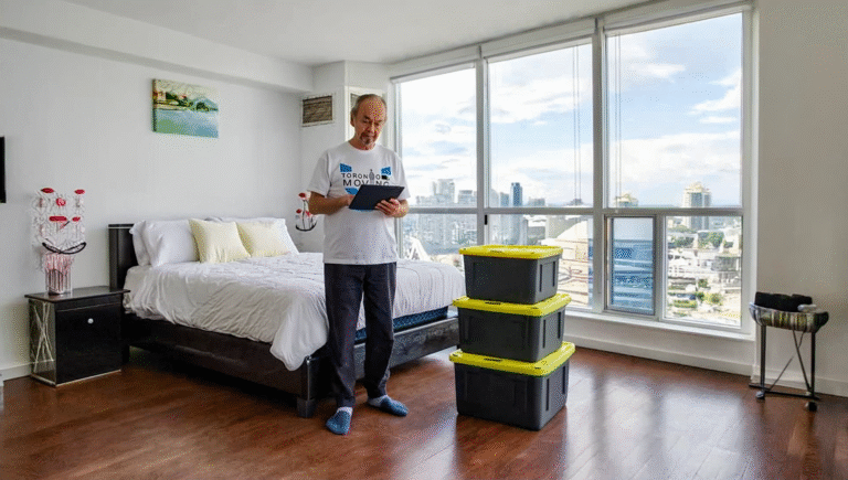 Mover preparing for a studio apartment relocation in downtown Toronto with moving bins