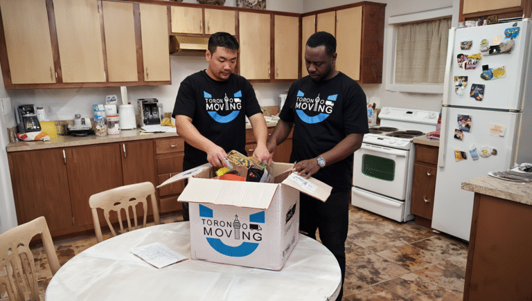 Two movers packing kitchen items into a box during a landlord move-out in Toronto