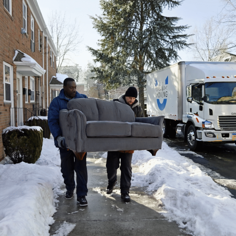 Two movers carrying a sofa during a winter move-out for a rental property in Toronto