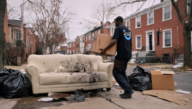 Mover carrying a box past discarded furniture during a last-minute move in Toronto
