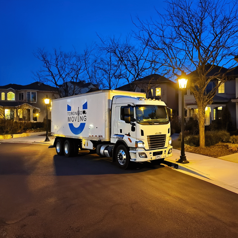 Toronto Moving truck parked on a residential street at night for a last-minute move