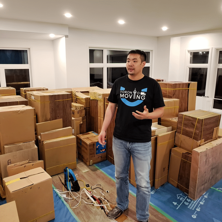 Toronto mover standing in a room with packed furniture and supplies ready for a last-minute move