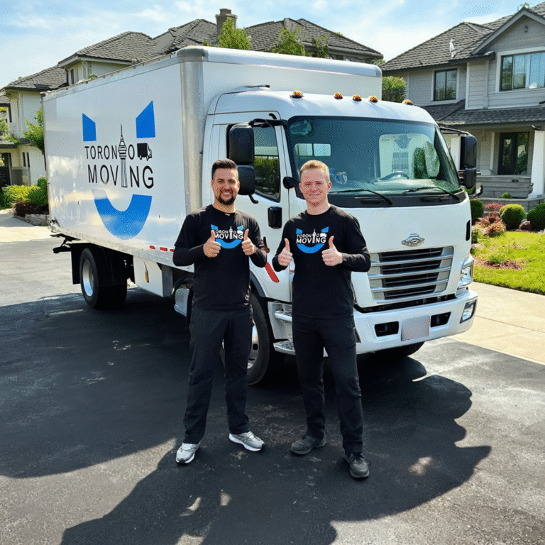 Two movers from Toronto Unique Moving stand in front of a branded moving truck on a residential street, both smiling and giving a thumbs-up