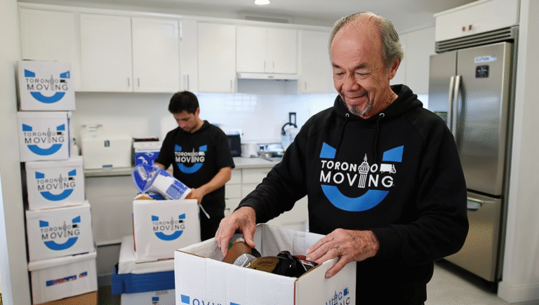 Toronto Unique Moving team members pack household items into labeled boxes inside a clean, modern kitchen