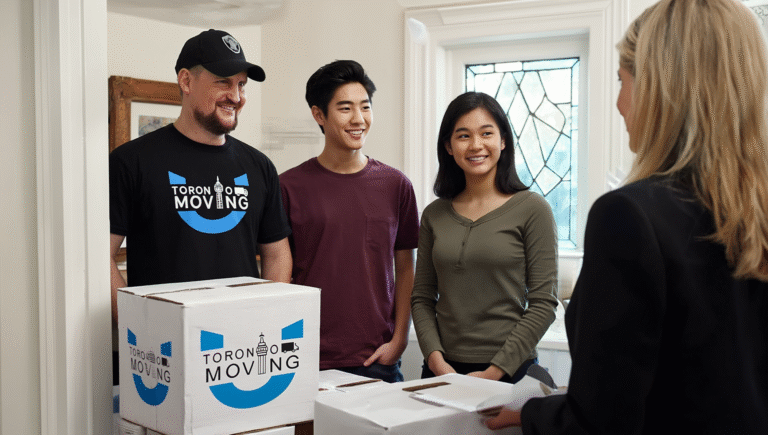 Toronto Unique Moving crew greeting clients with moving boxes at a residential front door