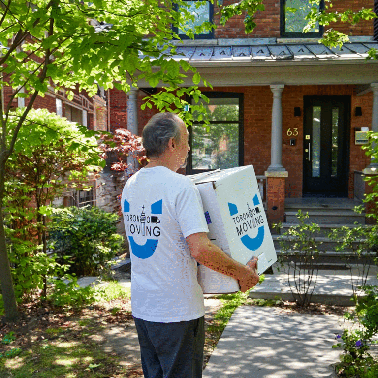 Toronto mover carrying boxes into a residential home during a local move