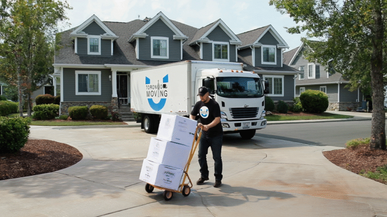 Toronto Unique Moving staff pushes a dolly stacked with labeled boxes in front of a residential home with a branded moving truck parked in the driveway