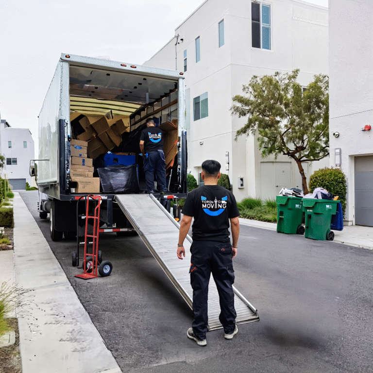 Movers from Toronto Unique Moving unloading a packed truck at a modern townhouse complex