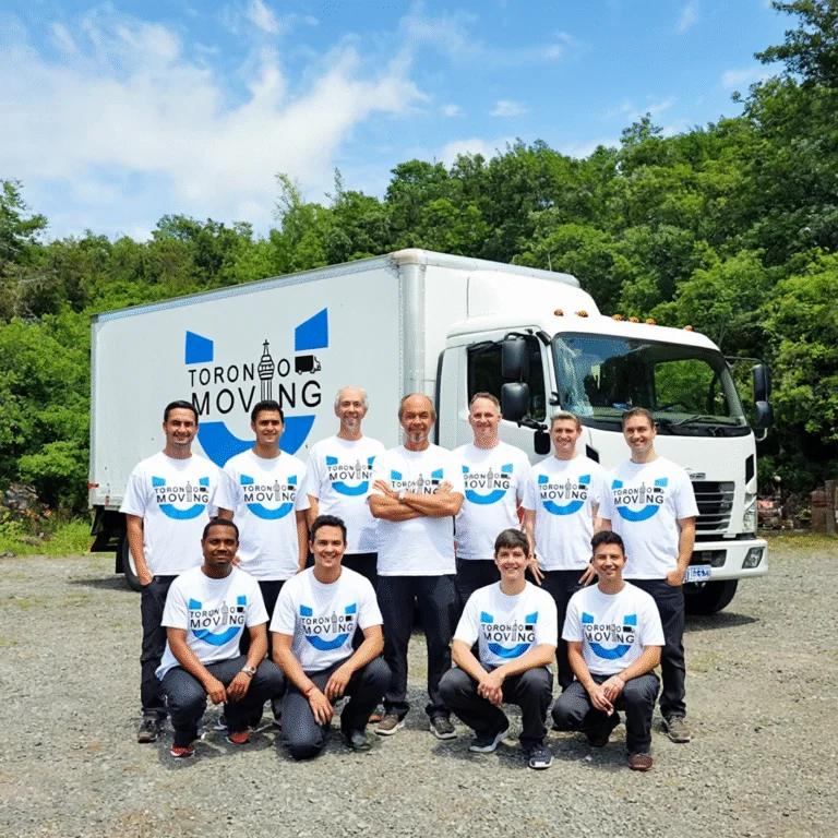 Group of ten Toronto Unique Moving team members in matching branded shirts posing in front of a moving truck on a sunny day