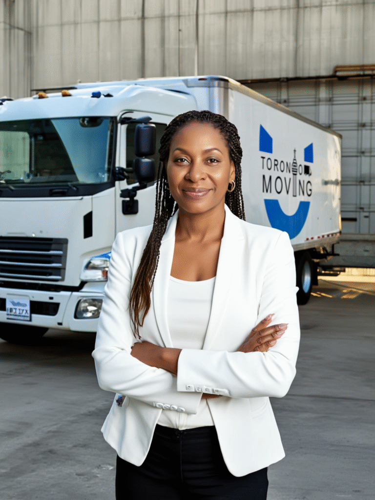Black woman CEO standing confidently in front of a Toronto Unique Moving truck.