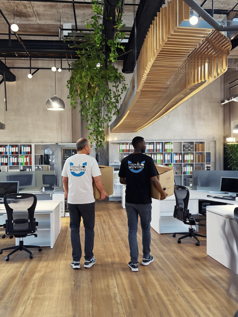 Toronto business relocation movers carrying boxes inside a modern office space