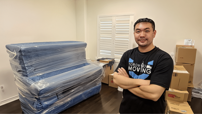 多伦多搬家公司师傅在打包好的蓝色沙发旁合影,展示专业家具保护服务