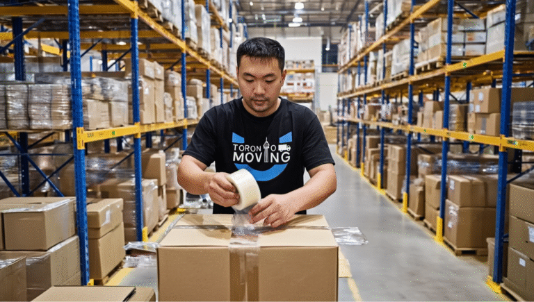 Toronto movers packing and placing cartons in warehouse aisles during inventory relocation