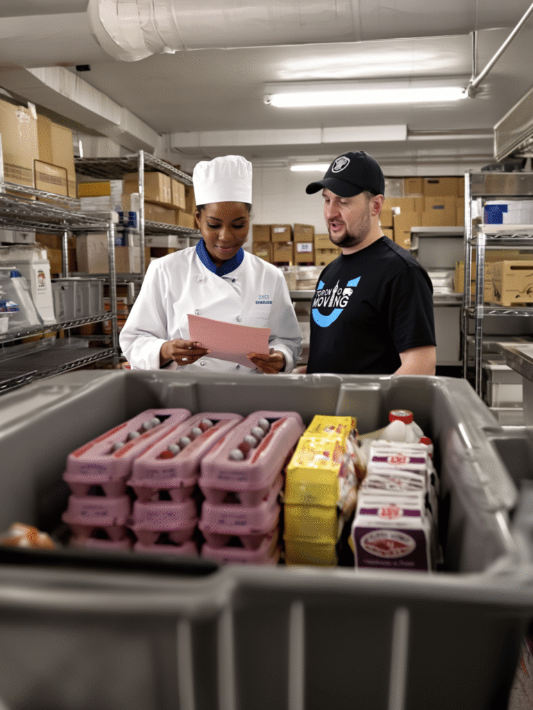 Movers relocating food service inventory during small business move in Toronto