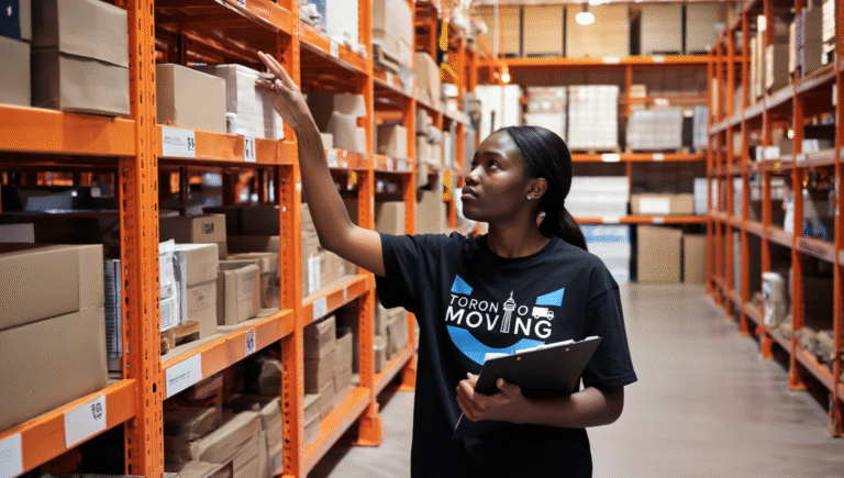 Toronto Unique Moving staff checking inventory in a warehouse during a commercial relocation