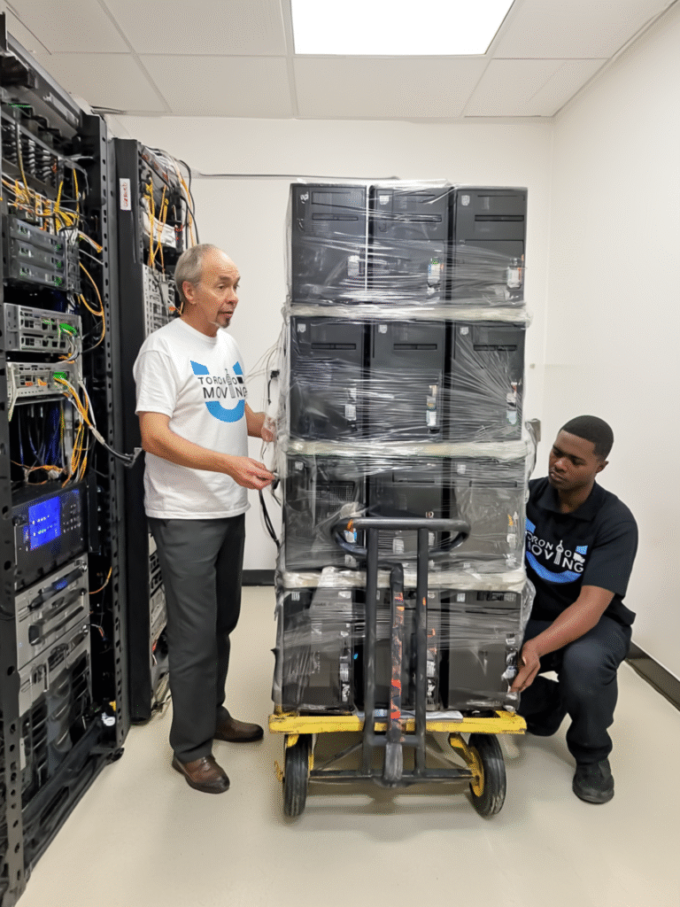 Movers transporting tower computers and servers during IT relocation in the GTA