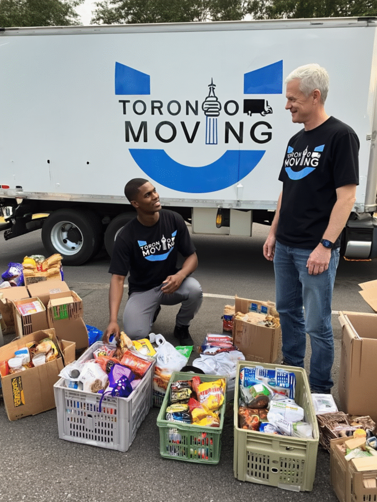 Movers preparing grocery stock for transport during a store relocation in the GTA