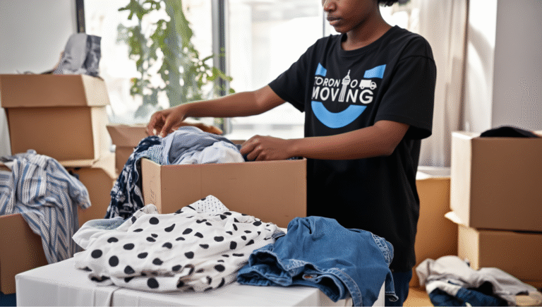Mover packing clothes into boxes during a retail relocation in Toronto
