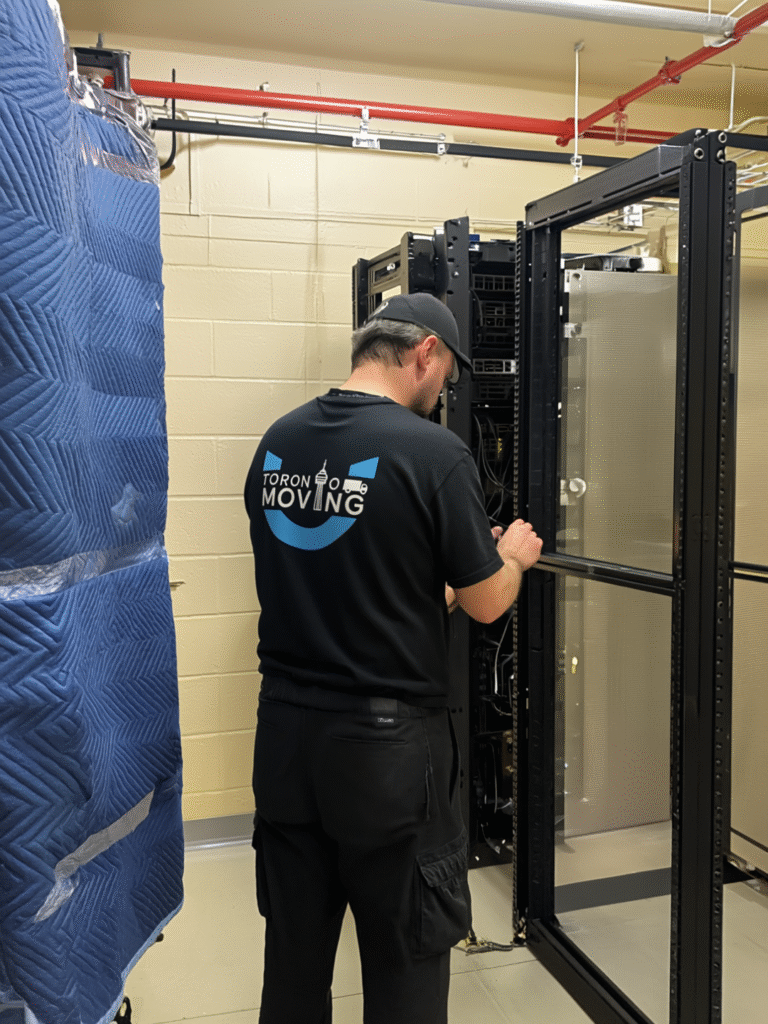 Movers handling and preparing servers during IT equipment relocation in Toronto