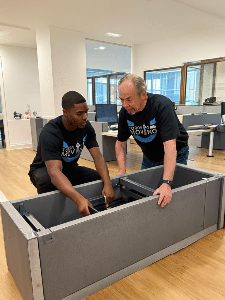 Two office movers from Toronto Unique Moving assembling and preparing office desks for relocation.